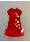 Omarı Renkli Kelebekler Nakışlı Fırfırlı Jile Çocuk Elbisesi Kırmızı