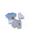 Omarı Romantik Ayıcık Nakışlı Kısa Kollu 3lü Bebek Takımı Mavi