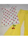 Omarı Sevimli Kiraz Desenli Kız Çocuk Tişört Takımı Sarı