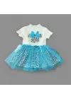 Omarı Şık Fiyonk Detaylı Kız Bebek Tütü Elbisesi Turkuaz-Ekru