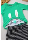 Omarı Şımarık Tavşan Nakışlı Bebek Sweat Takımı - Yeşil