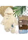 Omarı Tüylü Erkek Bebek Tulumu - Rabbit Tavşan Nakışlı Patikli Krem