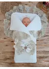 Omarı Yenidoğan Beyaz Wool Yün Trilüks Kundak Bebek Battaniyesi