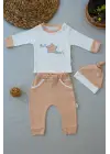 Omarı Yıldız Nakışlı Uzun Kollu Bebek Sweat Takımı - 3lü Buğday