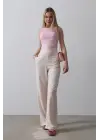 Omarı Yüksek Bel Yarım Lastikli Palazzo Pantolon - Pudra Renkli