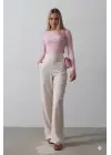 Omarı Yüksek Bel Yarım Lastikli Palazzo Pantolon - Pudra Renkli