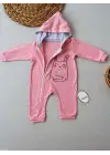 Omarı Yumuşak Kapşonlu Tavşan Nakışlı Bebek Tulumu Pembe
