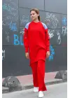 Omuz detaylı kol nakışlı ikili alt üst triko takım kırmızı