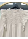 Omuz Fırfırlı Robası Dantel İşlemeli Keten Tunik    -Taş