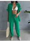 OMUZ MİDYE SIRALI BLUZ - PAÇA PENSLİ PANTOLON TAKIM - Yeşil