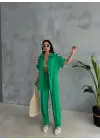 OMUZ MİDYE SIRALI BLUZ - PAÇA PENSLİ PANTOLON TAKIM - Yeşil
