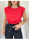 Omarı Kırmızı Omuzları Vatkalı Beli Lastikli Bluz