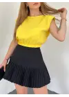 Omuzları Vatkalı Beli Lastikli  Bluz -Sarı