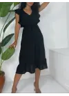 Omarı Siyah Midi Boy Fırfırlı Elbise
