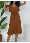Omuzu Fırfırlı Beli Lastikli Sıfır Kol Midi Boy Ayrobin Elbise  -Taba