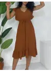 Omarı Fırfırlı Beli Lastikli Midi Boy Elbise - Taba Renkli