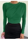 Omarı Omuzu Pileli ve Yanı Büzgülü Orman Yeşili Bluz