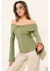 Omzu Açık Fermuarlı Bluz haki T4330