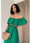 Omarı Yeşil Omzu Lastikli Brode Elbise