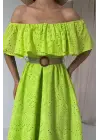 Omarı Omzu Lastikli Yeşil Brode Elbise