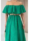 Omarı Yeşil Omzu Lastikli Brode Elbise