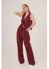 Ön Bağlama Detaylı Yelek Ve Pantolon Bordo İkili Takım