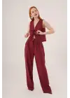 Ön Bağlama Detaylı Yelek Ve Pantolon Bordo İkili Takım