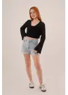 Ön Bağlamalı Ajurlu Crop Siyah Hırka
