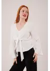 Ön Bağlamalı Volan Kol Beyaz Bluz