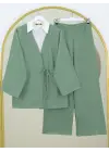 Önden Bağlamalı Pantolonlu Kimono Takım-Mint