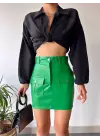 Önden iki cepli deri etek yeşil h240040