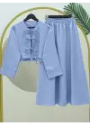 Önü Bağcıklı Beli Lastikli Etekli Keten Takım -Açık Mavi