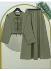 Önü Bağcıklı Beli Lastikli Etekli Keten Takım    -Haki