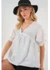 Önü Bağcıklı Kısa Kol Bluz 962 - Beyaz