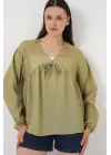 Önü Bağcıklı Uzun Kol Bluz 946 - Çağla