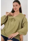 Önü Bağcıklı Uzun Kol Bluz 946 - Çağla