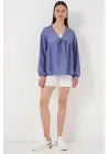 Önü Bağcıklı Uzun Kol Bluz 946 - İndigo