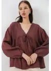 Önü Bağcıklı Uzun Kol Bluz 946 - Kahverengi