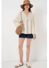 Önü Bağcıklı Uzun Kol Bluz 946 - Krem