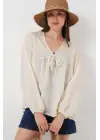 Önü Bağcıklı Uzun Kol Bluz 946 - Krem