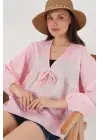 Önü Bağcıklı Uzun Kol Bluz 946 - Pembe