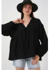 Önü Bağcıklı Uzun Kol Bluz 946 - Siyah