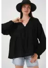 Önü Bağcıklı Uzun Kol Bluz 946 - Siyah