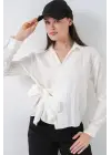 Önü Bağlamalı Çizgili Gömlek 20362 - Ekru