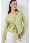 Önü Bağlamalı Çizgili Gömlek 20362 - E.Yeşil