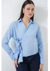 Önü Bağlamalı Çizgili Gömlek 20362 - Mavi