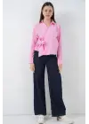 Önü Bağlamalı Çizgili Gömlek 20362 - Pembe