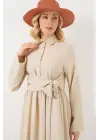 Önü Bağlamalı Keten Elbise 2574 - Bej