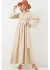 Önü Bağlamalı Keten Elbise 2574 - Bej