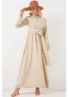 Önü Bağlamalı Keten Elbise 2574 - Bej